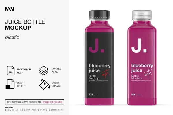 蓝莓果汁瓶标签包装设计PSD样机素材 Juice Bottle Mockup