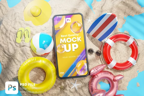 夏日3D海滩配件手机屏幕PSD样机模板 Phone Mockup Between Summer Beach Accessories 3D