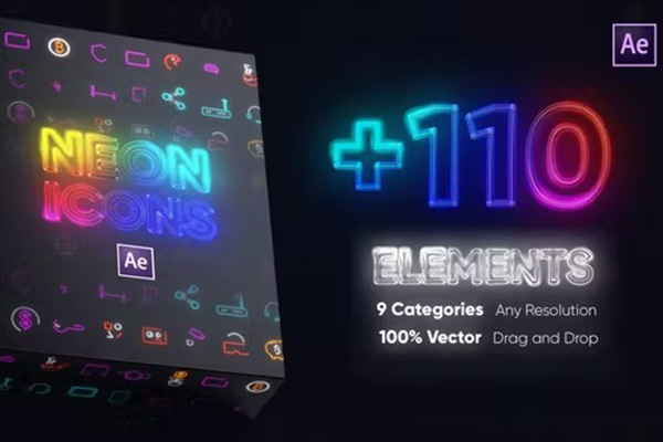 AE模板-110种赛博朋克霓虹灯图标动画 Neon Icons Essential Pack