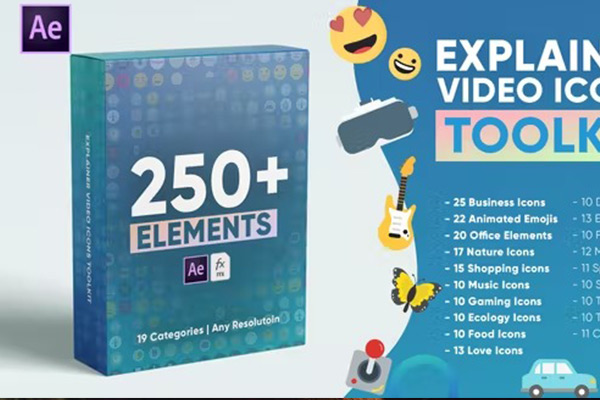 AE模板-250种商业运输生活食物音乐办公表情视频图标元素动画预设 Explainer Video Icons Toolkit