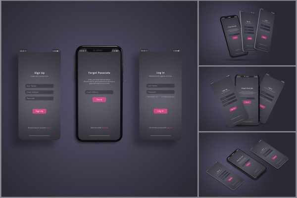 暗黑背景手机屏幕PSD样机素材 Phone screen mockup dark background