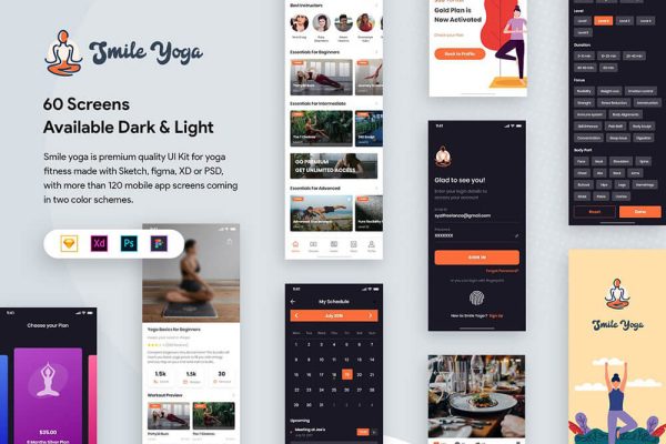 瑜伽冥想App应用设计UI套件Smile 2.0 – Yoga UI Kit