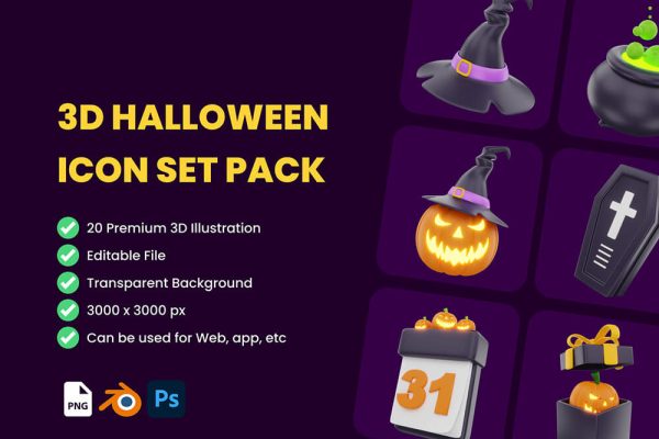 3D万圣节图标集blender图标模型素材包 3D Halloween Icon Set Pack