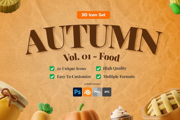 秋季食品主题卡通3D图标blender模型插画集