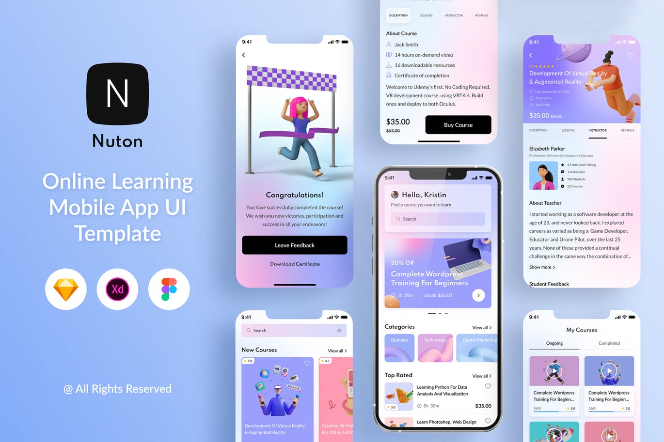 在线学习App移动应用程序UI设计模板 Nuton – Online Learning Mobile App UI Template