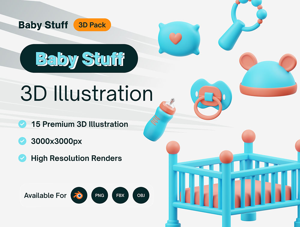 婴儿用品3D图标模型设计素材