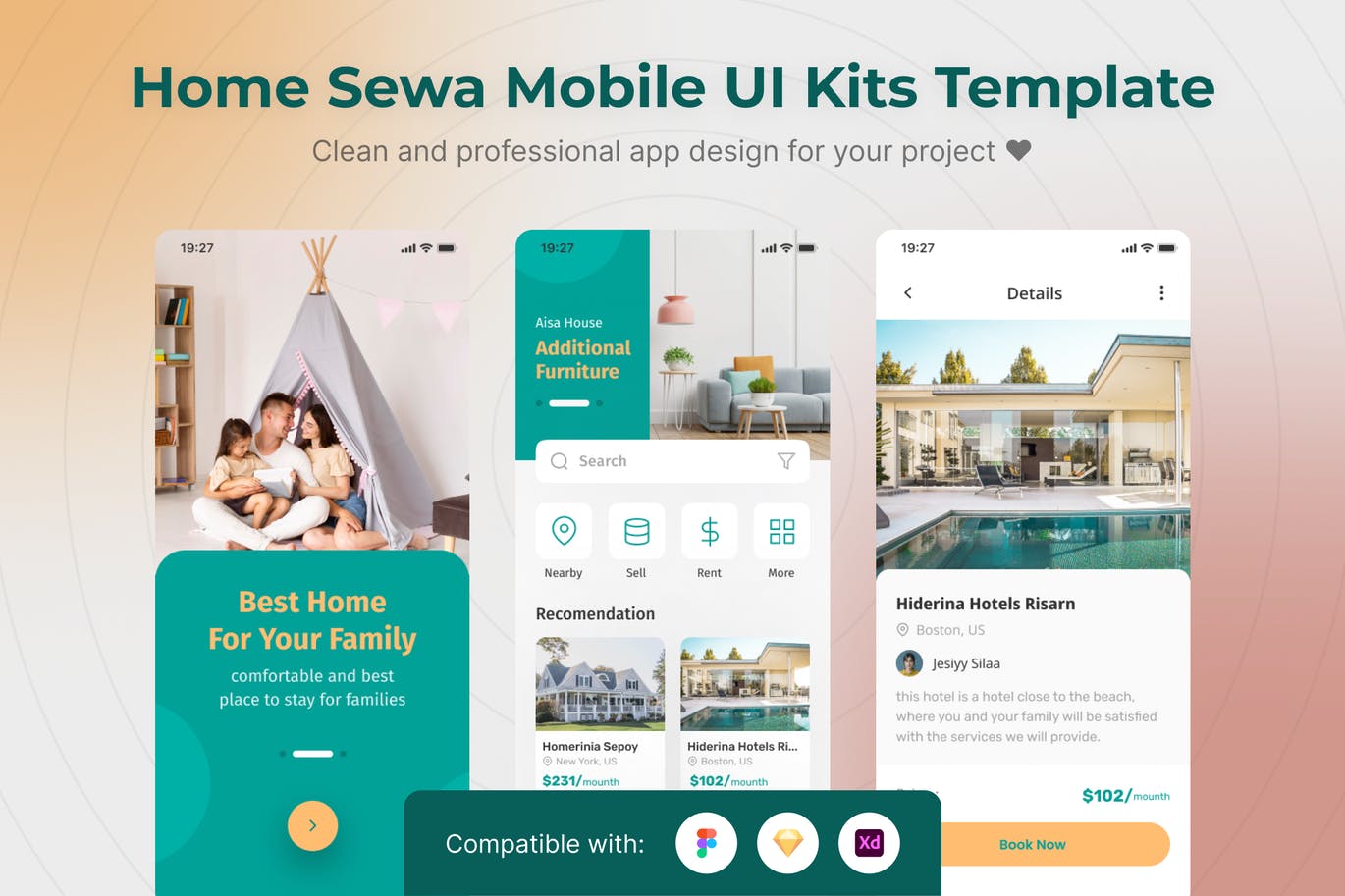 房屋租赁App界面设计UI模板 Home Sewa Mobile App UI Kits Template