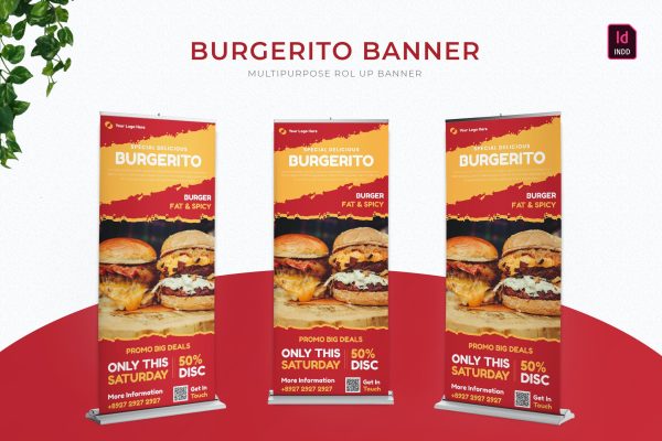 汉堡促销易拉宝Banner设计模板 Burgerito | Roll Up Banner