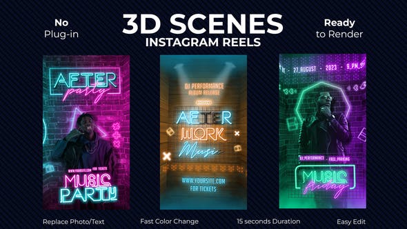 AE模板-竖屏霓虹灯广告图文展示 Instagram Reels Neon
