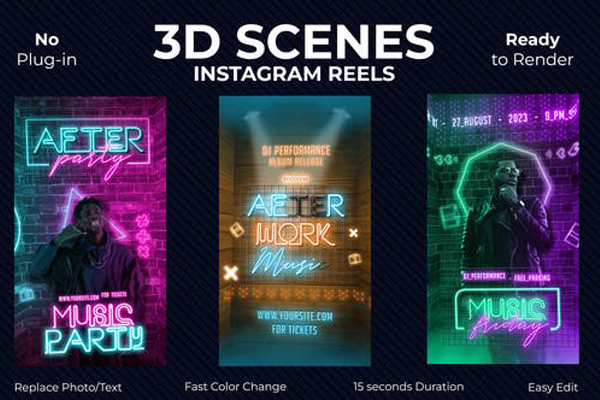 AE模板-竖屏霓虹灯广告图文展示 Instagram Reels Neon