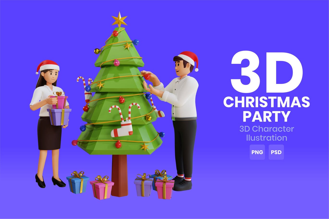 圣诞派对3D角色PSD插画设计素材