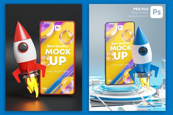 质感十足的3D抽象火箭智能手机样机PSD样机素材