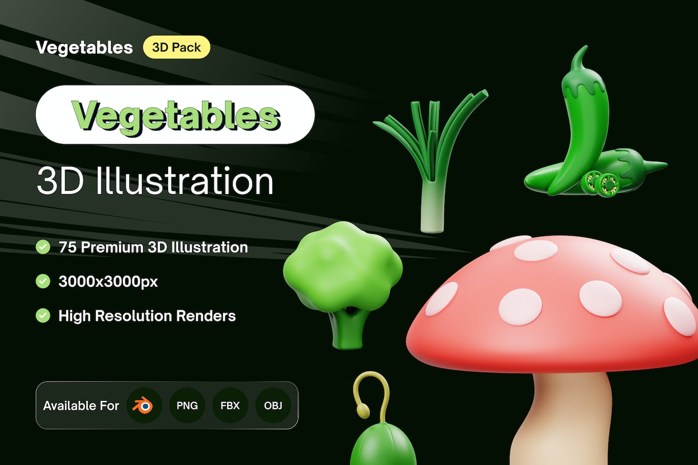 25个绿色蔬菜主题3D图标模型素材包