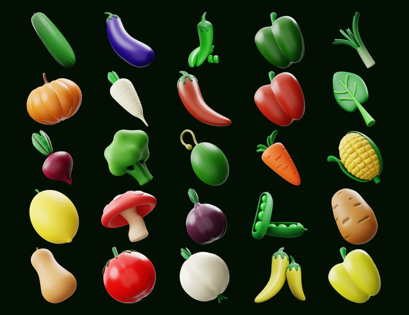 25个绿色蔬菜主题3D图标模型素材包