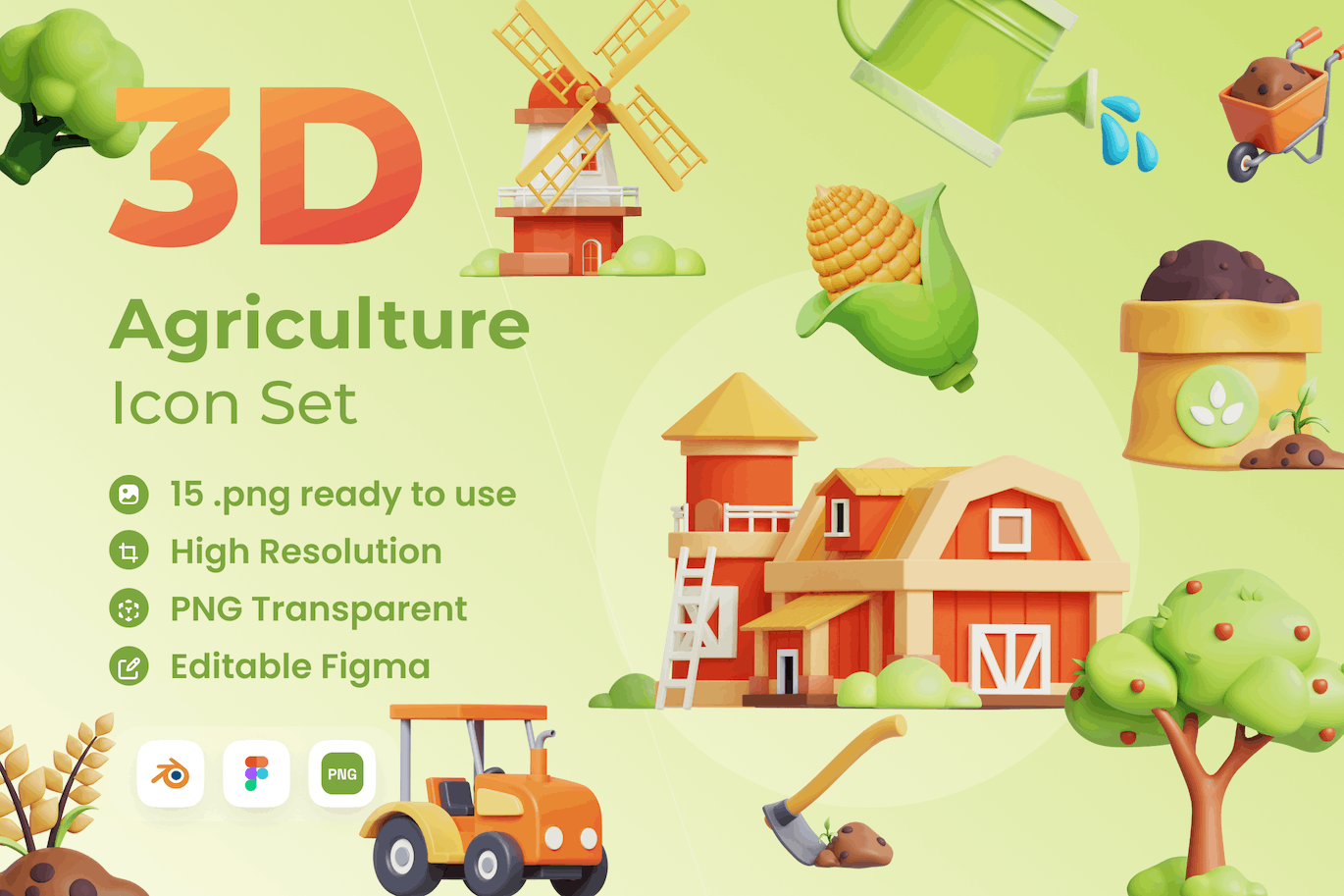 15个农业农作物主题3D图标Blender模型素材包