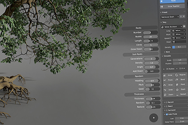 Blender插件-中文版模拟树根枝叶生长动画插件 The Grove 11+ 3 Twigs Asset