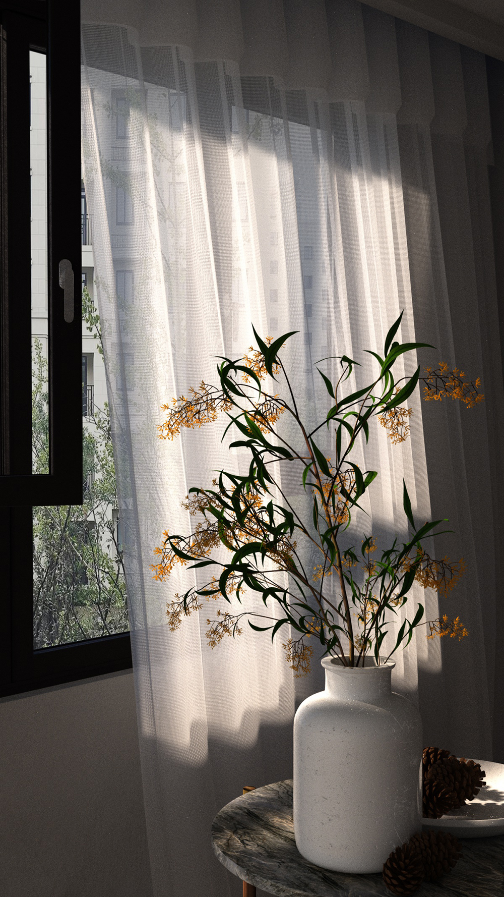 C4D工程-窗户花瓶室内场景工程窗帘模型花瓶模型