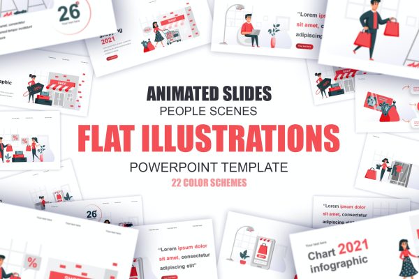 电子商务扁平插画数据可视化PPT动画幻灯片模板 Commerce Flat Illustration Powerpoint Template