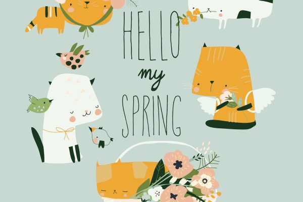 猫咪花朵矢量卡通春天插画设计素材 Vector cartoon set of funny cats with spring flowe