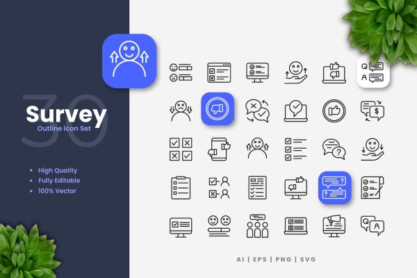 30个调查轮廓矢量图标 Survey Outline Icons