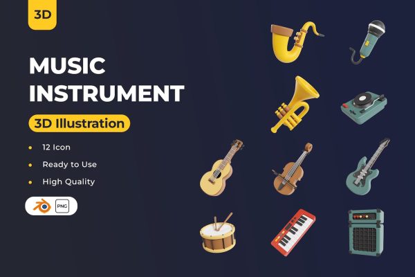 音乐工具3D图标Blender模型 Music Instrument 3D Icons