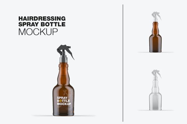 按压玻璃喷雾瓶瓶身设计PSD样机素材 Set Different Glass Spray Bottles Mockup