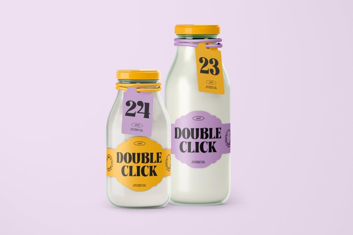 透明牛奶玻璃瓶标签设计样机素材 Glass Bottle Mockup