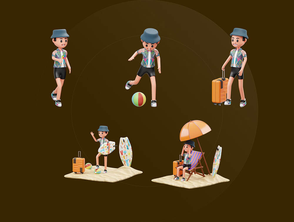 暑假假期3D人物插画模型素材下载