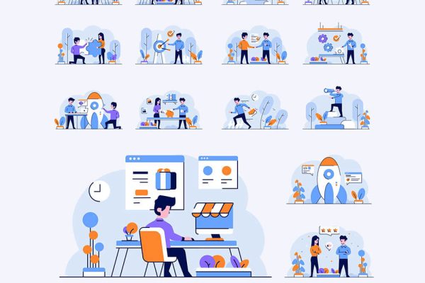 平面和轮廓风格人物场景插画素材下载