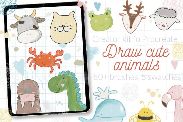 可爱的动物形状Procreate笔刷设计素材 Cute animals Procreate stamps