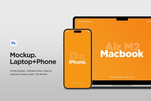 MacBook Air电脑和iPhone 14 Pro手机样机图 Laptop Air and Phone 14 Mockup