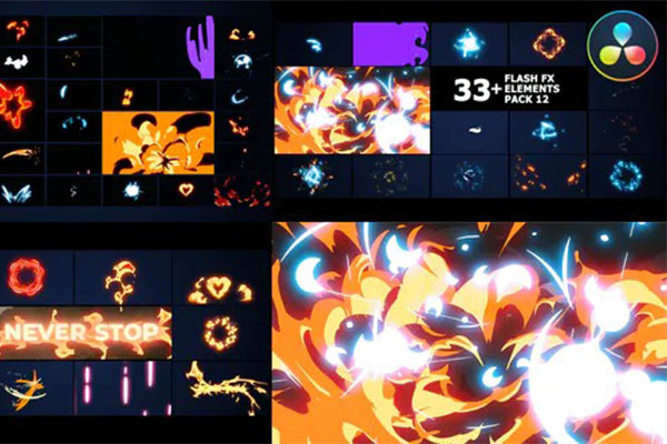 达芬奇模板-33种卡通手绘火焰爆炸闪电MG动画元素 Flash FX Elements Pack