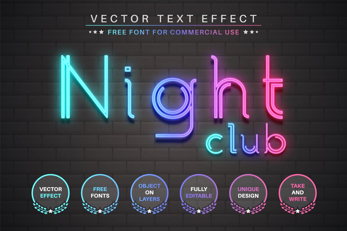 霓虹灯管发光矢量文字效果字体样式素材 Night Club – Editable Text Effect, Font Style