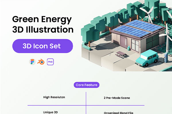 绿色能源房子场景3D插画模型下载 Green Energy 3D Illustration