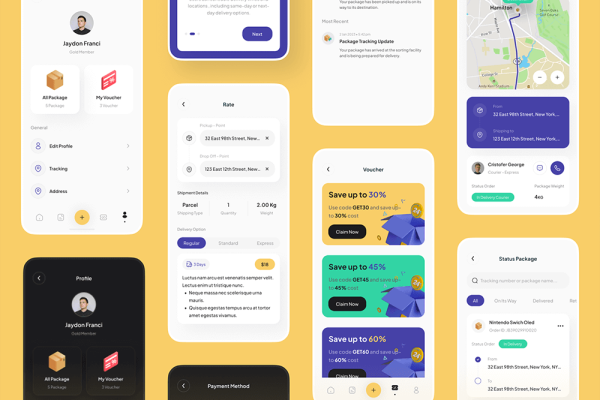 包裹递送移动应用程序UI套件设计素材 Parcel Delivery Mobile App