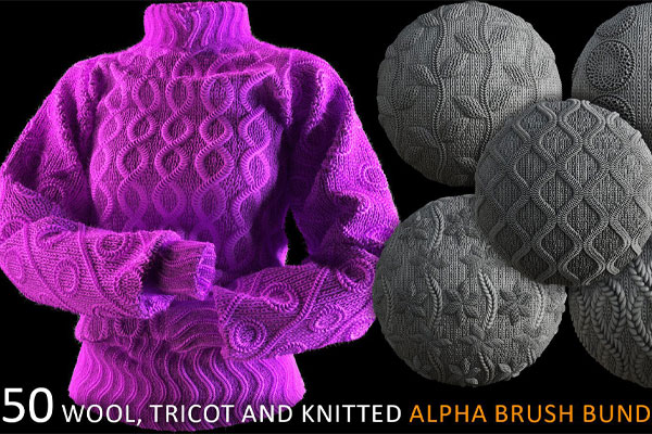 50款羊毛毛衣纹理贴图织物纹理布料贴图 WOOL, TRICOT AND KNITTED Alpha Brush Bundle vol2