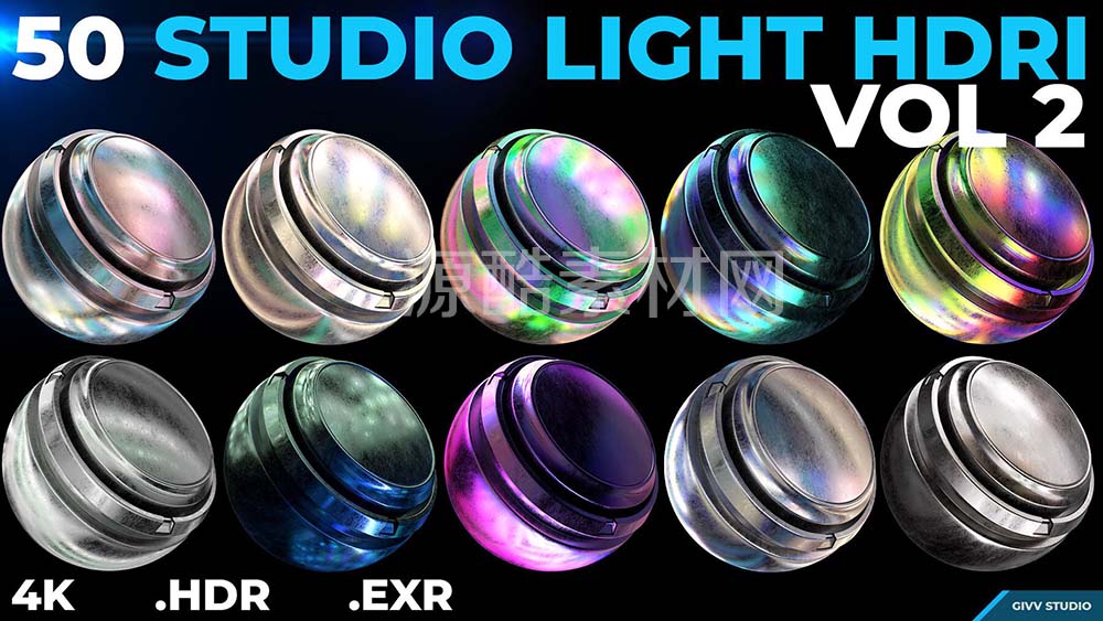 50个五颜六色的HDRI环境灯光贴图 50 STUDIO LIGHT HDRI VOL 2 (.Exr /.Hdr )