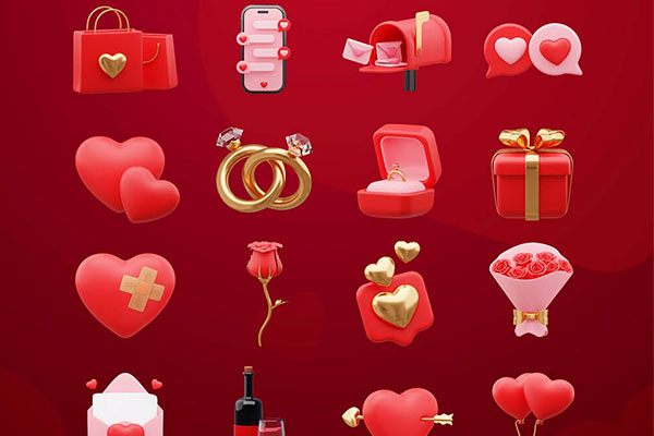 豪华情人节3D对象图标模型素材下载 Valentine_s Day 3D Asset