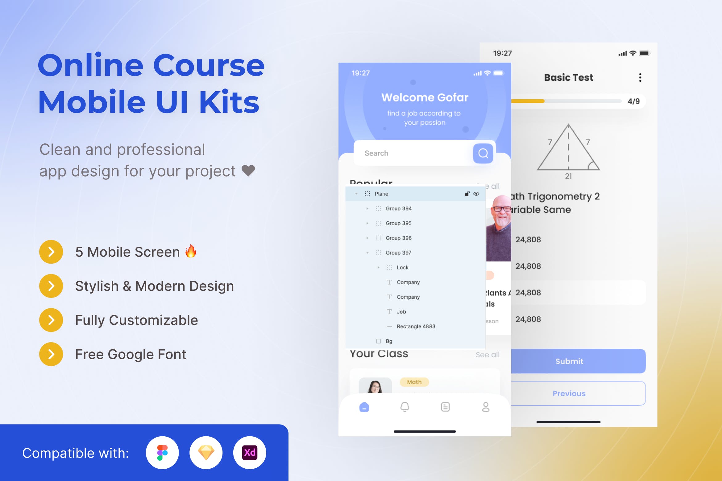 在线课程学习App移动应用UI套件模板 Online Course Study Mobile App UI Kits Template