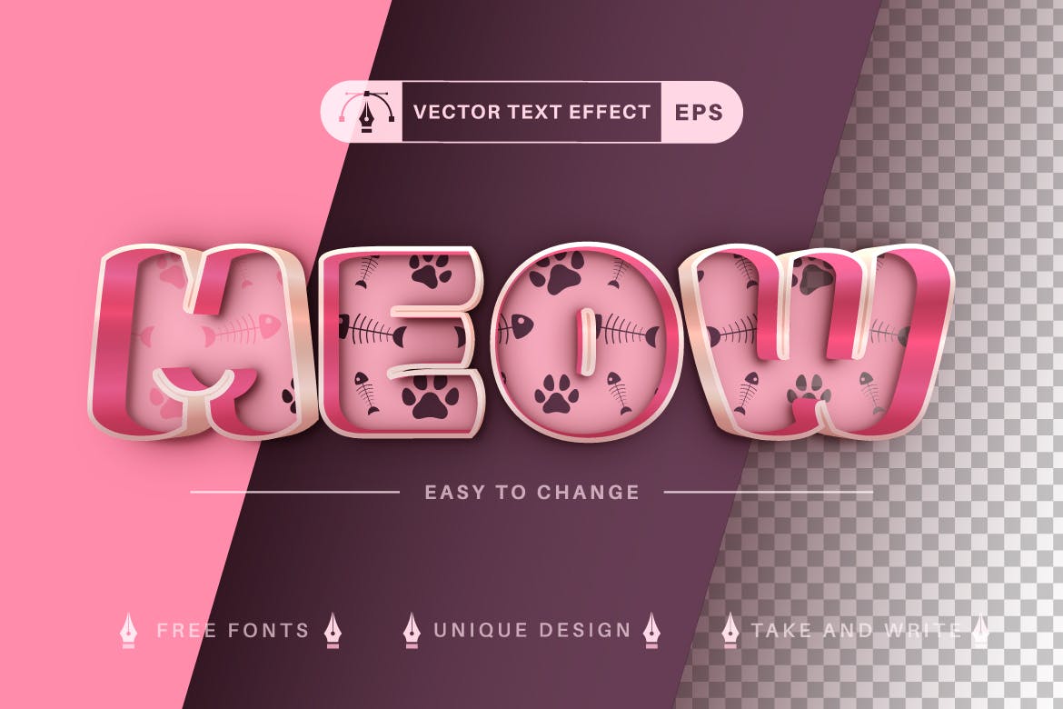 猫元素双色矢量文字效果字体样式 Cat Double Color Editable Text Effect, Font Style