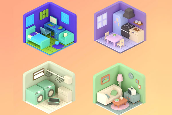 3D等距卡通小房间对象模型素材 3D Isometric Room