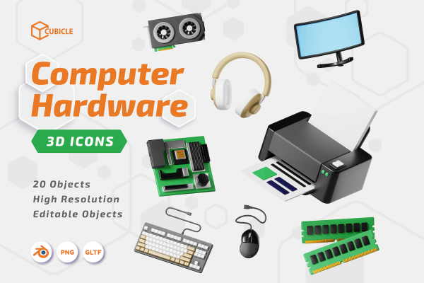 计算机硬件3D图标Blender模型下载 Cubicle – Computer Hardware 3D Icon