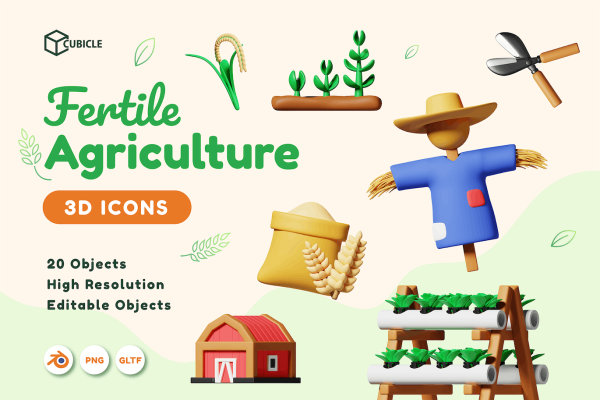 农业农场元素3D图标Blender模型素材 Cubicle – Agriculture 3D Icons