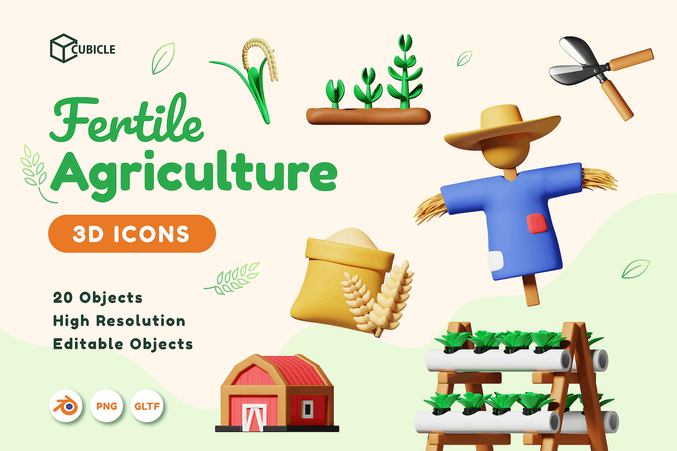 农业农场元素3D图标模型 Cubicle – Agriculture 3D Icons