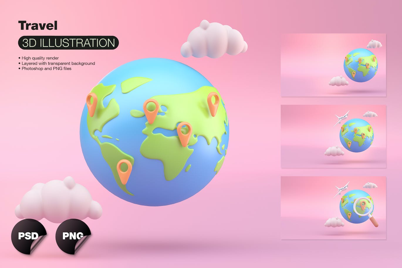 世界环球旅行3D插画psd设计素材下载 Set Travel Concept With Planet