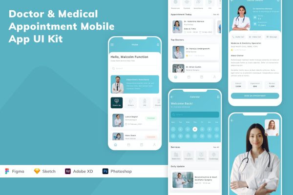 医生和医疗预约移动应用UI设计套件素材 Doctor & Medical Appointment Mobile App UI Kit