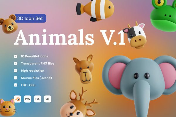 3D卡通动物头像模型素材合集包v1 Animals V.1 3D Icon Set