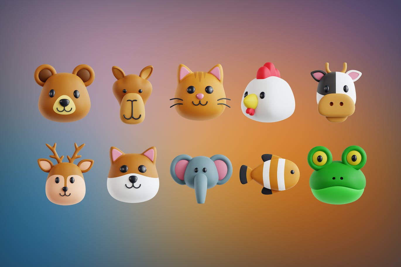 3D卡通动物头像模型素材合集包v1 Animals V.1 3D Icon Set