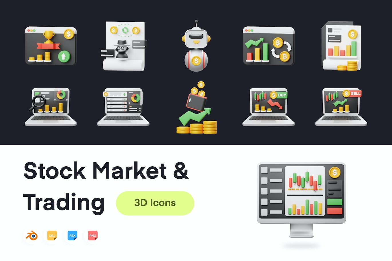 股票市场和交易3D图标模型素材 Stock Market And Trading 3D Icon