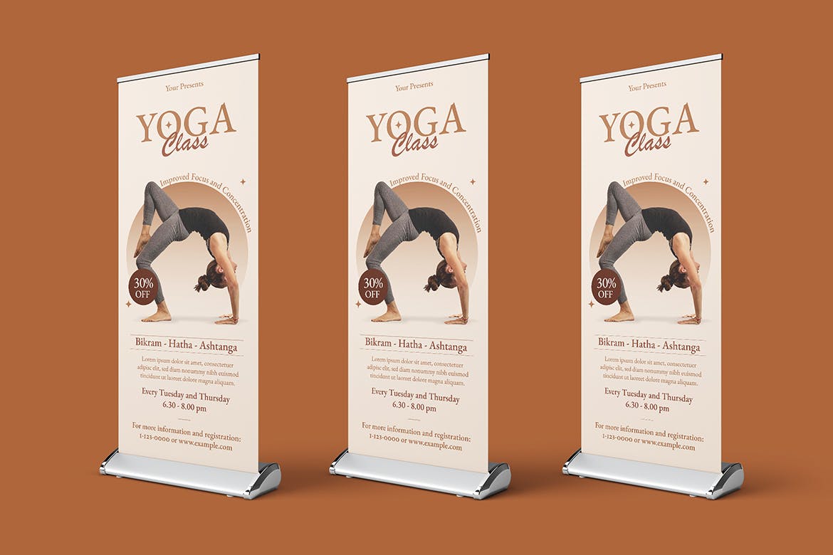 瑜伽健身课程Banner易拉宝设计模板 Power Yoga Fitness Course Roll Up Banner